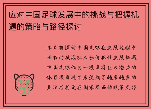 应对中国足球发展中的挑战与把握机遇的策略与路径探讨