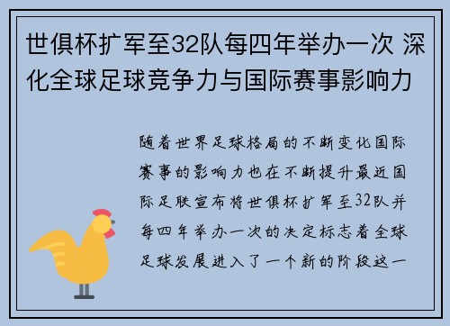 世俱杯扩军至32队每四年举办一次 深化全球足球竞争力与国际赛事影响力