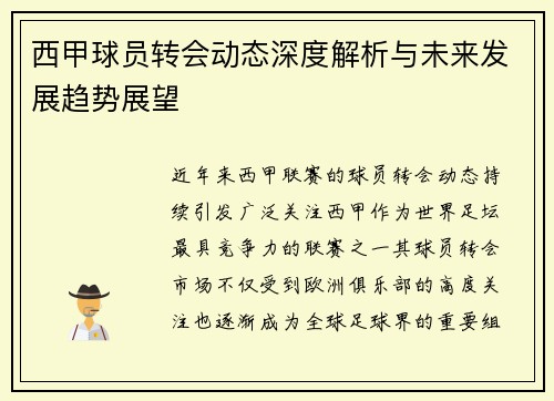 西甲球员转会动态深度解析与未来发展趋势展望