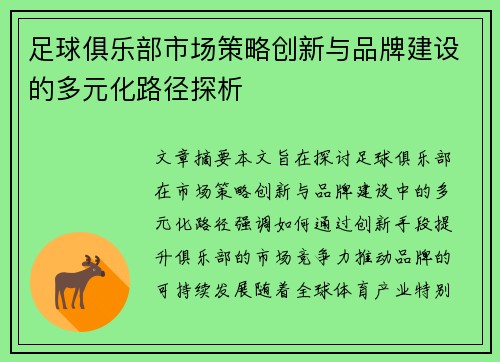 足球俱乐部市场策略创新与品牌建设的多元化路径探析