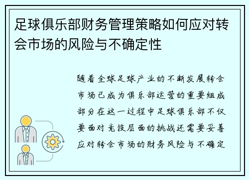 足球俱乐部财务管理策略如何应对转会市场的风险与不确定性
