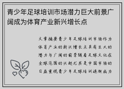 青少年足球培训市场潜力巨大前景广阔成为体育产业新兴增长点 青少年足球培训市场潜力巨大前景广阔成为体育产业新兴增长点